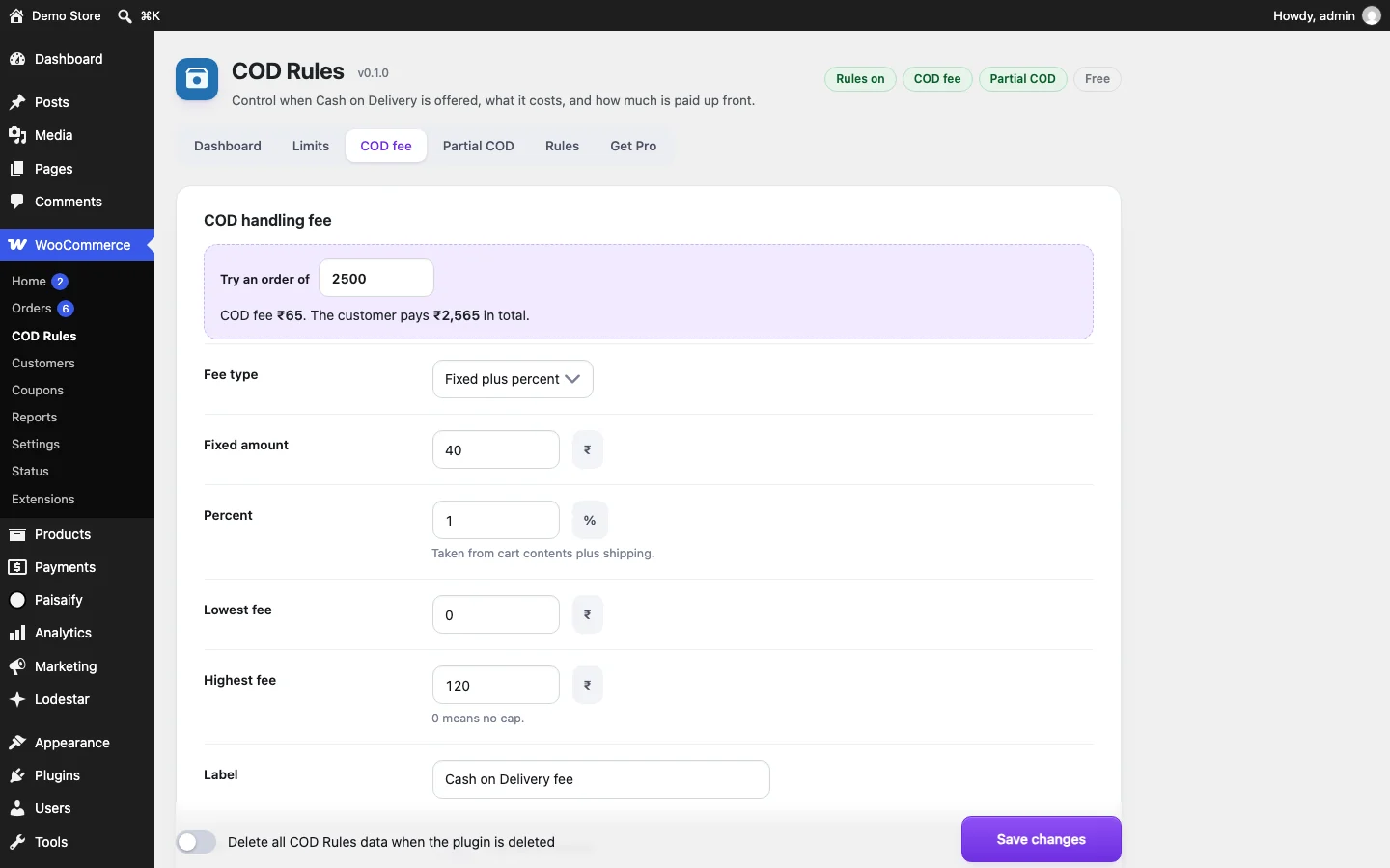 COD fee settings with a live example