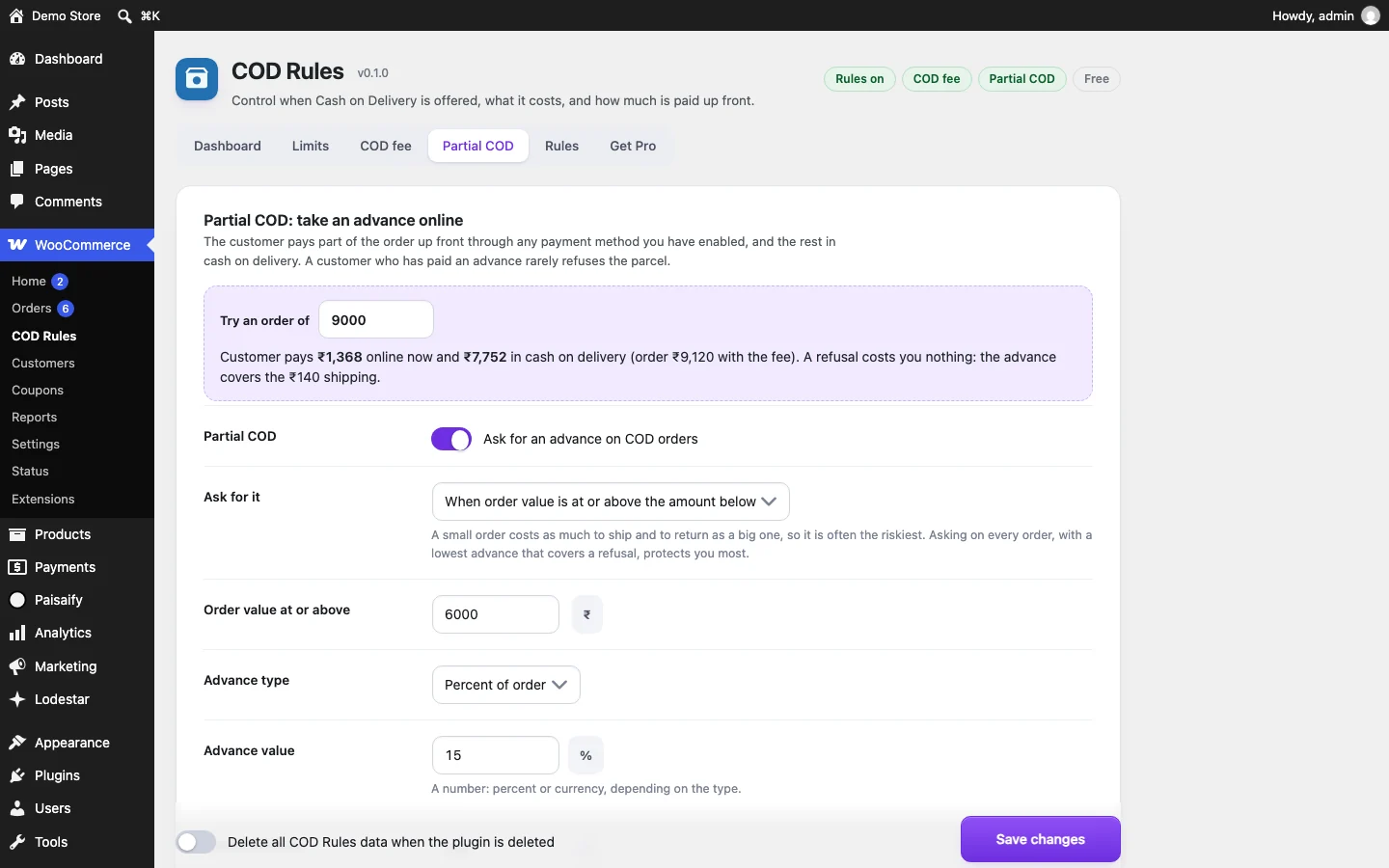 Partial COD settings with a calculator showing a real order