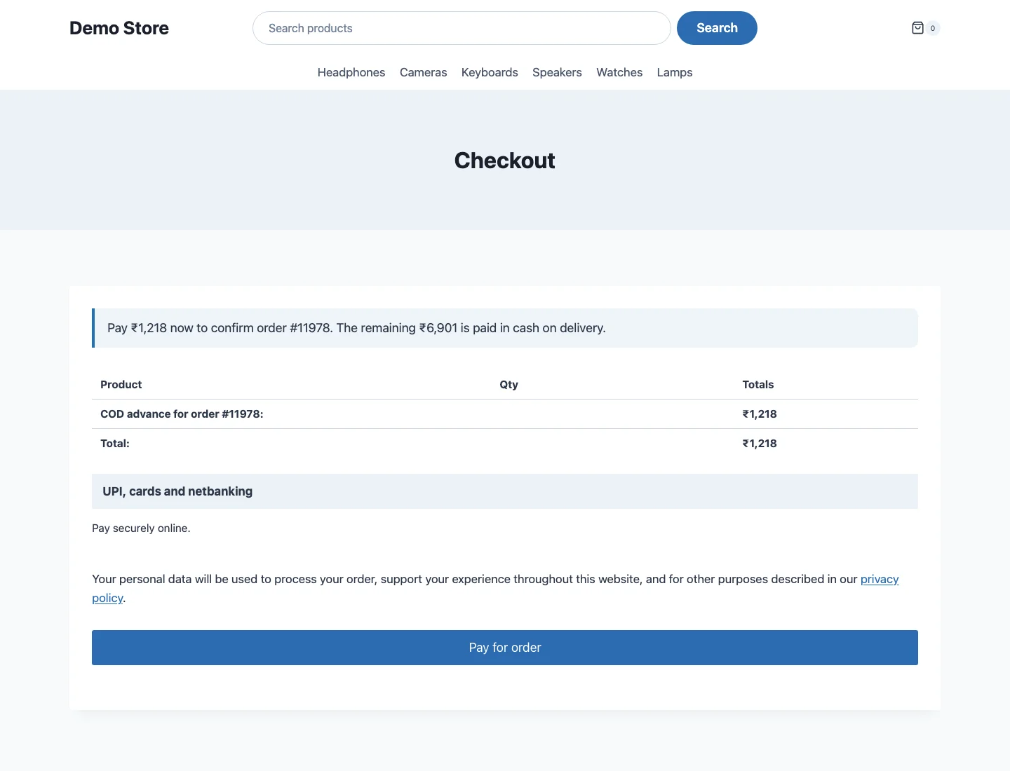 The pay-for-order page where the customer pays the advance with the store's normal payment methods