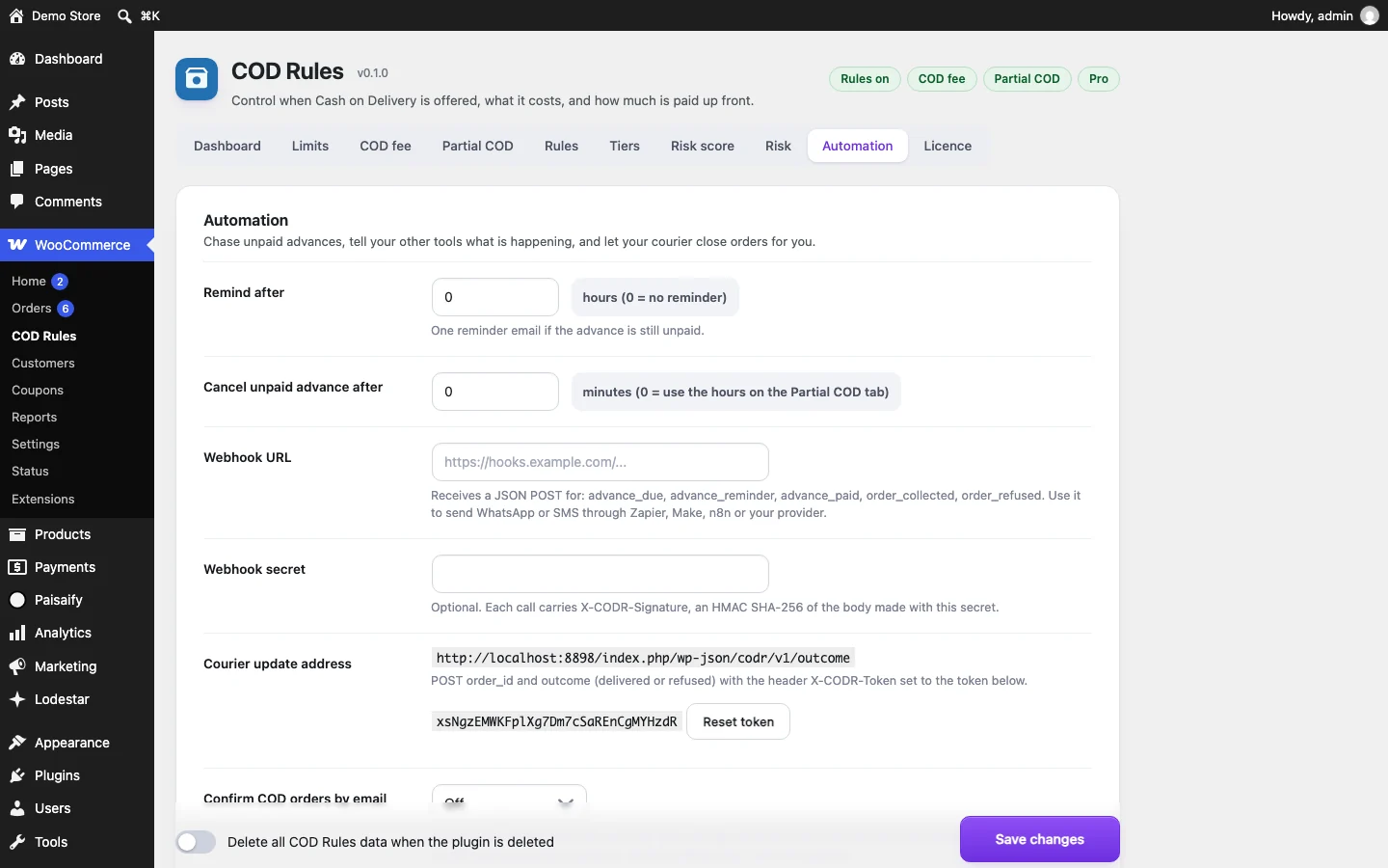 Automation settings: reminder, auto cancel, webhook, courier address