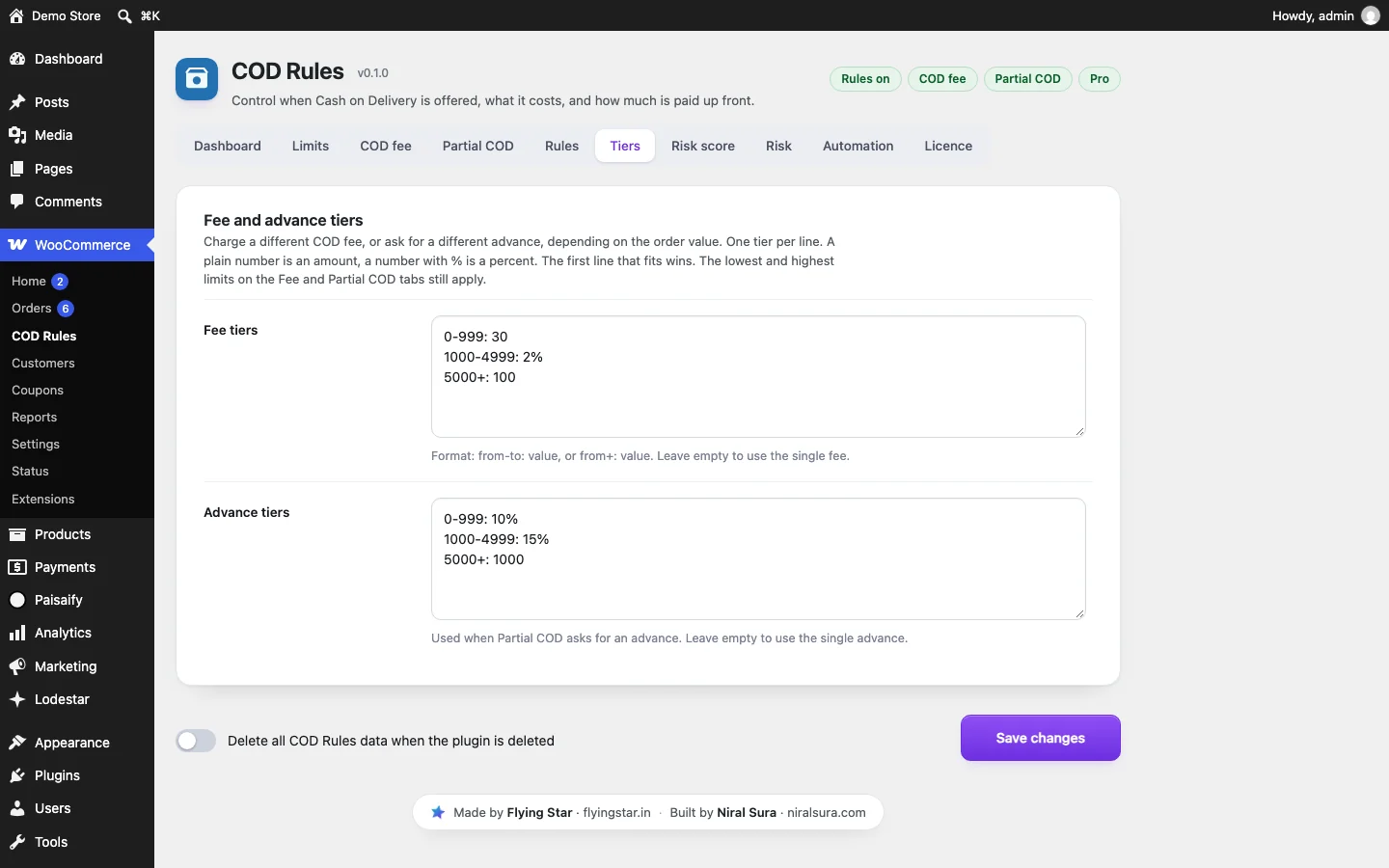 Fee and advance tiers settings