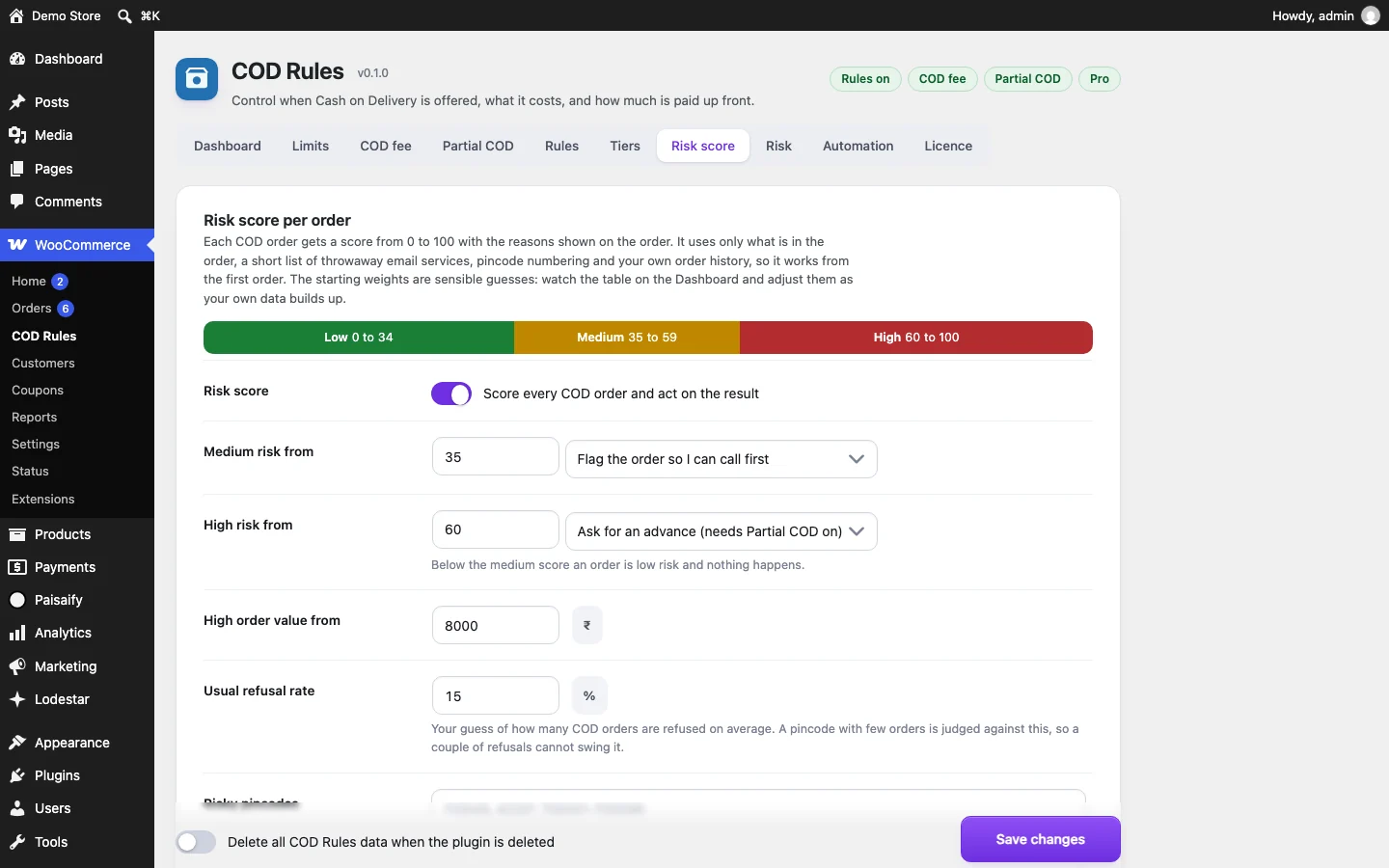 Risk score settings with medium and high bands and actions