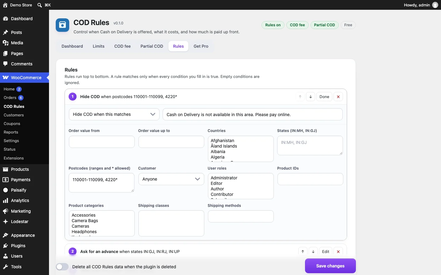 The Rules tab where each rule reads as one line